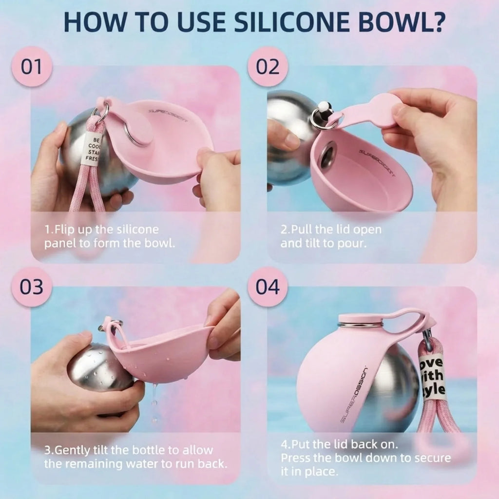 1Pc Portable 285Ml Pet Water Bottle Stainless Steel Water Bottle with Silicone Bowl Outdoor Travel Gift for Dog Cat Pet Lovers