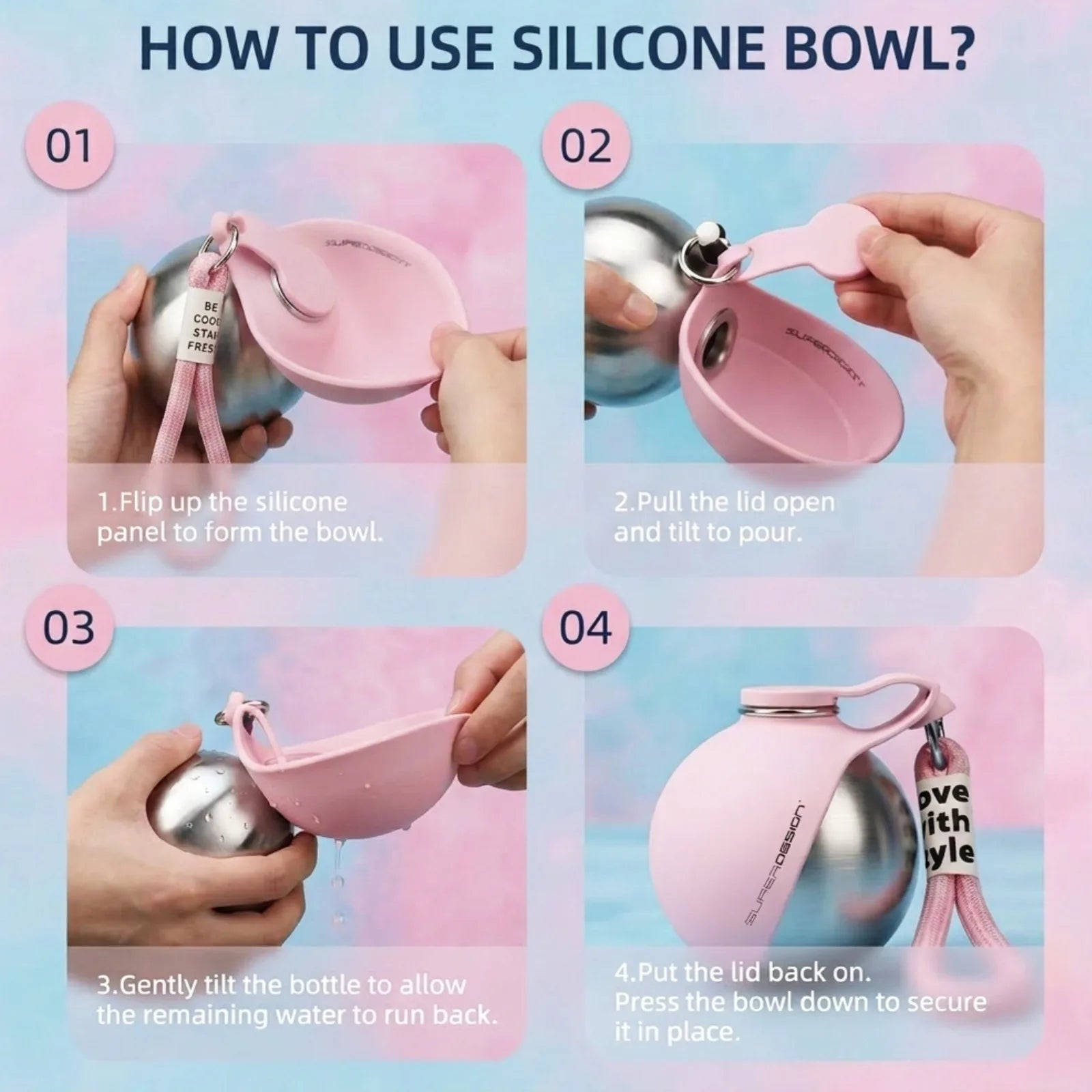 1Pc Portable 285Ml Pet Water Bottle Stainless Steel Water Bottle with Silicone Bowl Outdoor Travel Gift for Dog Cat Pet Lovers